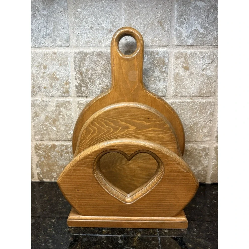 Vintage Wood Paper Plate Napkin Holder Heart Cut Out Hanging or Countertop